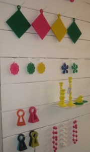 Colourful potholders, flower coasters, "triplets", doorstoppers and trivets